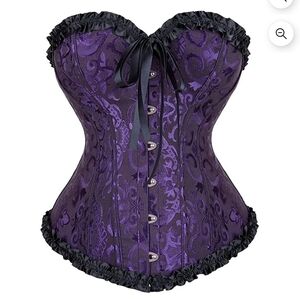 Corset Bustier Ribbin Tie Purple Black Brocade Ruffle Boning Size Small Medium